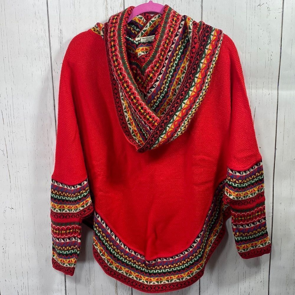 Peruvian Collection Red Alpaca Wool Blend Hooded Sweater Poncho Cozy Winter